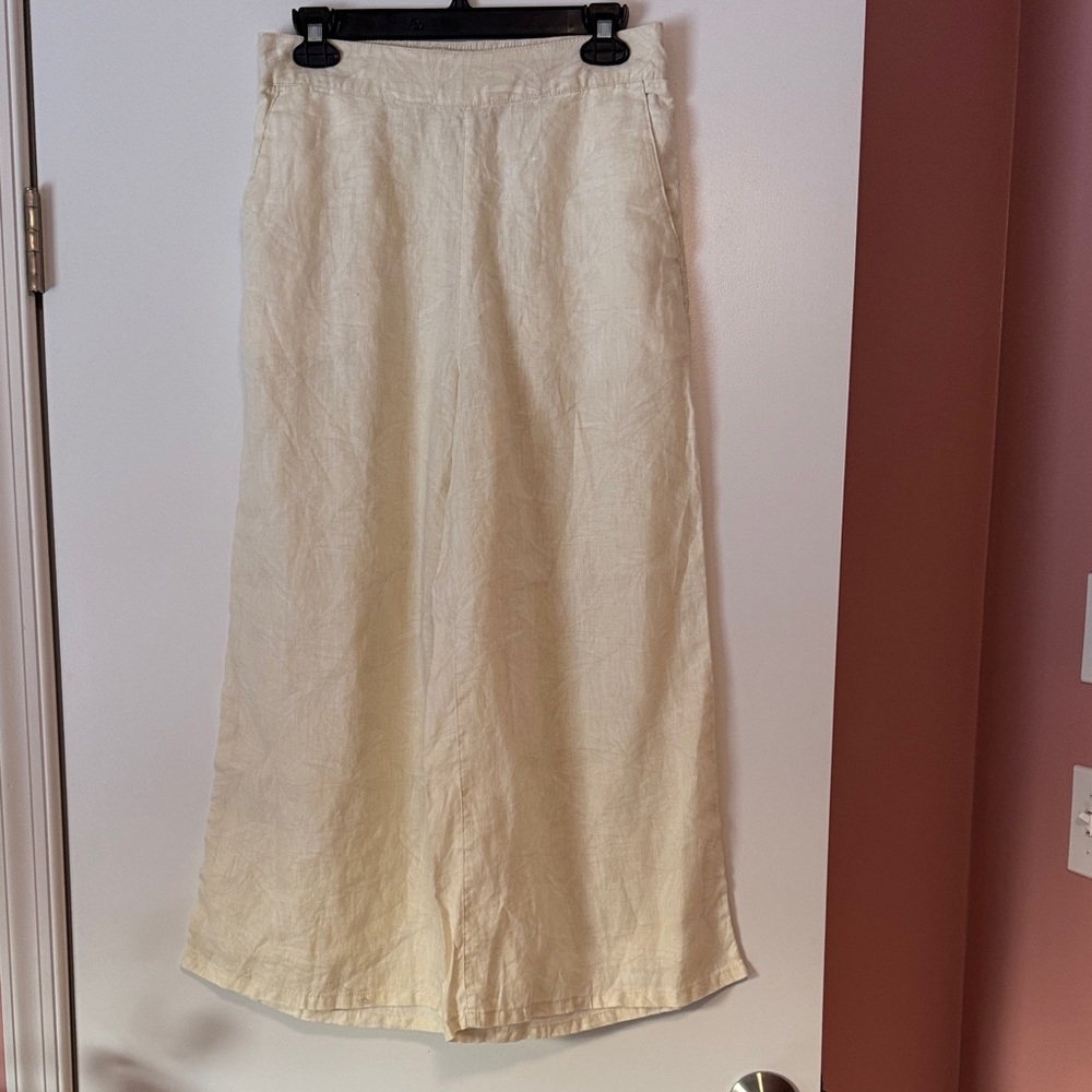 Nicole Miller 100% Linen Cream Cropped Wide Leg Linen Pants | Women's Medium